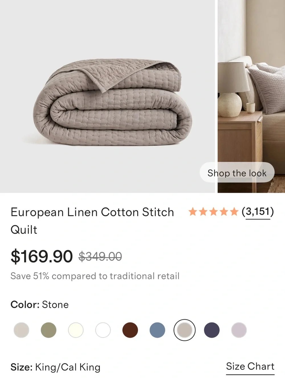 NWOT European Linen and Organic Cotton Quilt Set in Stone - Retail $220